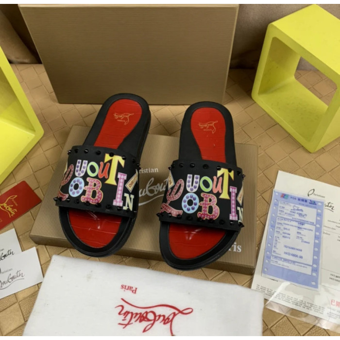 Christian Louboutin Black Cartoon‑Graffiti Spiked Slide Sandals Red Footbed