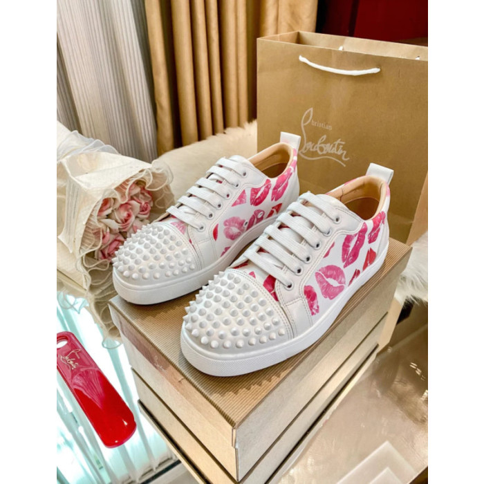 Christian Louboutin Lips‑Print Spiked Toe Low‑Top Lace‑Up Sneakers