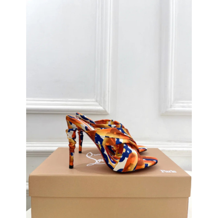Christian Louboutin Colorful Printed Satin Twist‑Strap Mule High‑Heel Sandals