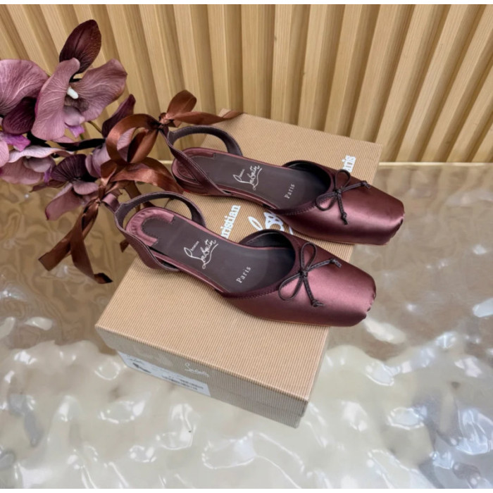 Christian Louboutin Brown Satin Bow Ankle‑Tie Slingback Ballet Flats