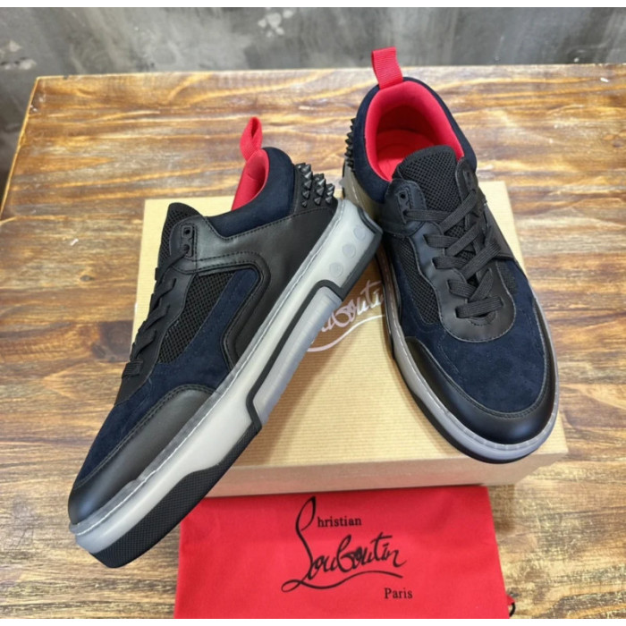 Christian Louboutin Navy‑Black Suede Mesh Spiked Platform Low‑Top Sneakers