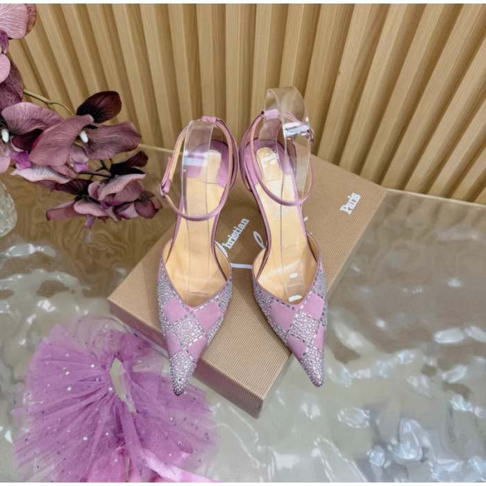 Christian Louboutin Dusty Purple Satin Checkered Crystal‑Embellished 100mm Stiletto Heel Ankle‑Strap Pumps