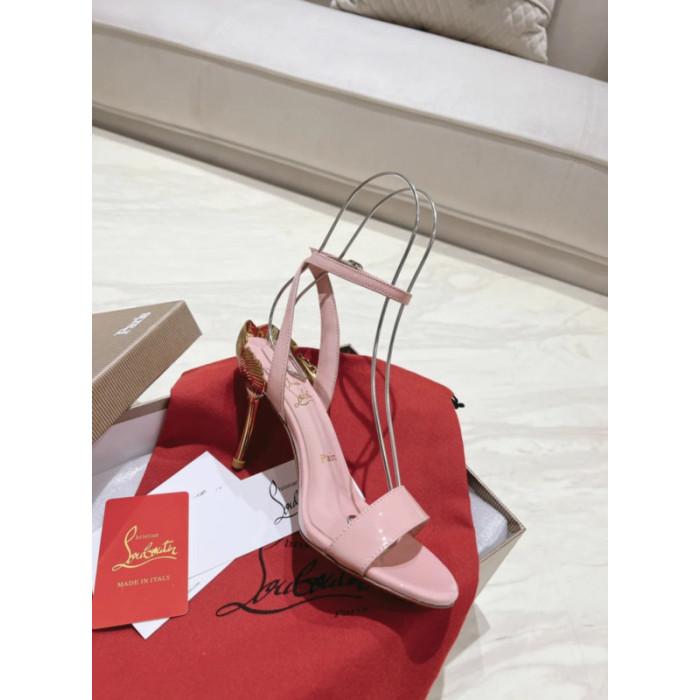 Christian Louboutin Pink Patent 100mm Gold‑Sculpted Heel Ankle‑Strap Sandals
