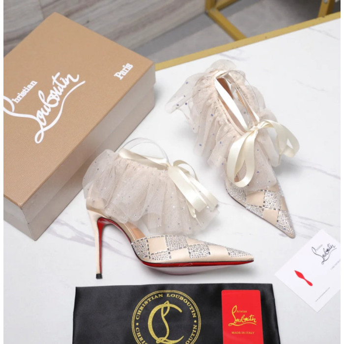 Christian Louboutin Ivory Satin Checkerboard Crystal Tulle Ruffle 100mm Stiletto Heel Pumps