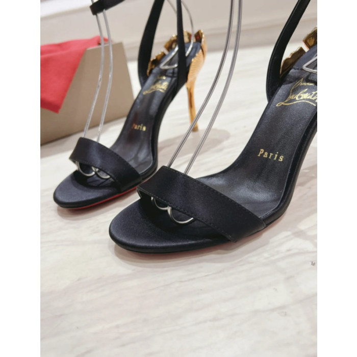 Christian Louboutin Black Satin 100mm Gold‑Sculpted Heel Ankle‑Strap Sandals