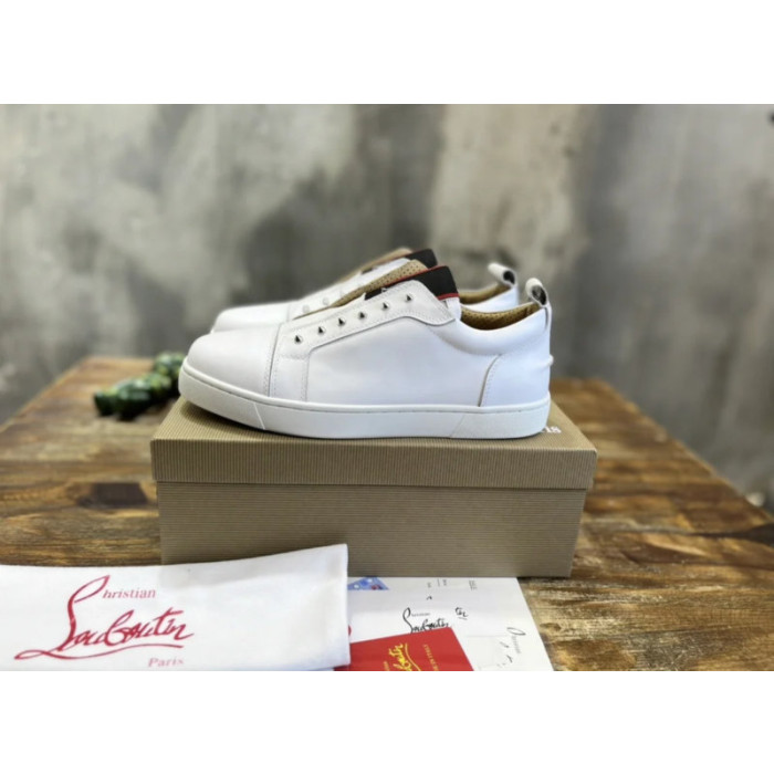 Christian Louboutin White Leather Silver‑Spiked Slip‑On Low‑Top Sneakers