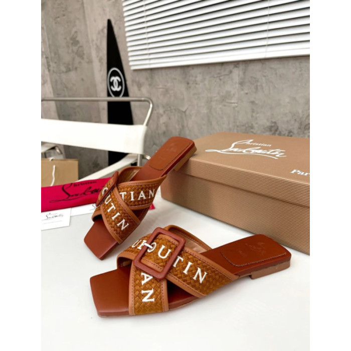 Christian Louboutin Brown Woven Flat Slide Sandals