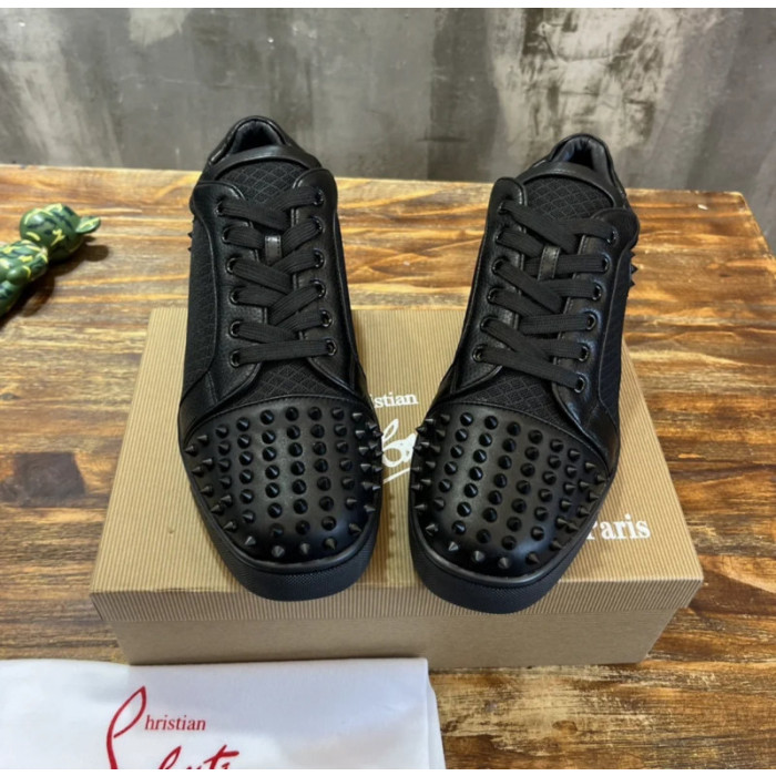 Christian Louboutin Black Mesh Leather Black‑Spiked Low‑Top Sneakers