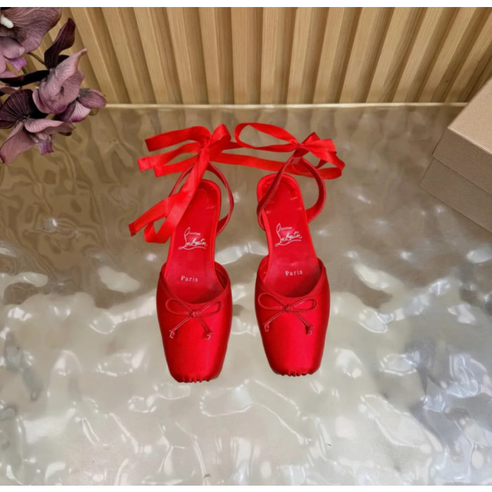 Christian Louboutin Red Satin Bow Ankle‑Tie Slingback Ballet Flats