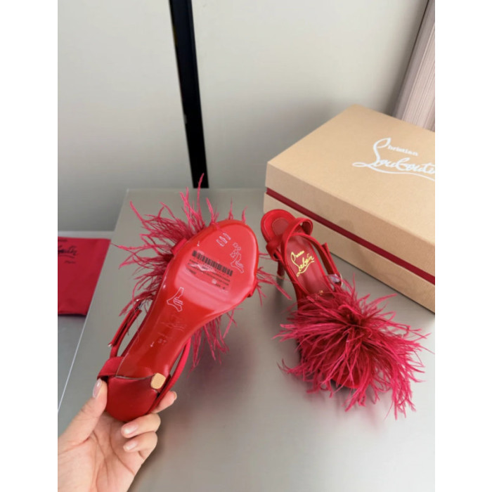 Christian Louboutin Red Satin Feather 100mm Slingback Stiletto Sandals