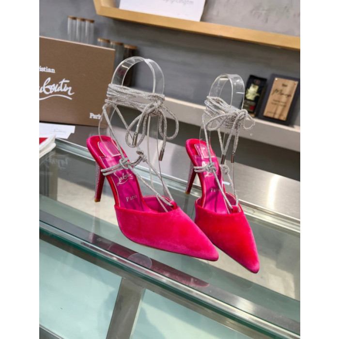 Christian Louboutin Fuchsia Suede Crystal Ankle Tie 100mm High Heel Pumps