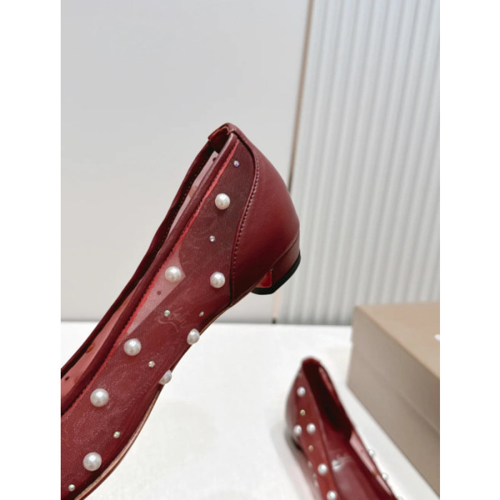 Christian Louboutin Burgundy Mesh Crystal Pearl Embellished Pointed‑Toe Flat Shoes