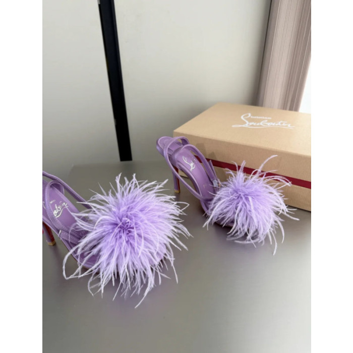 Christian Louboutin Purple Satin Feather 100mm Slingback Sandals