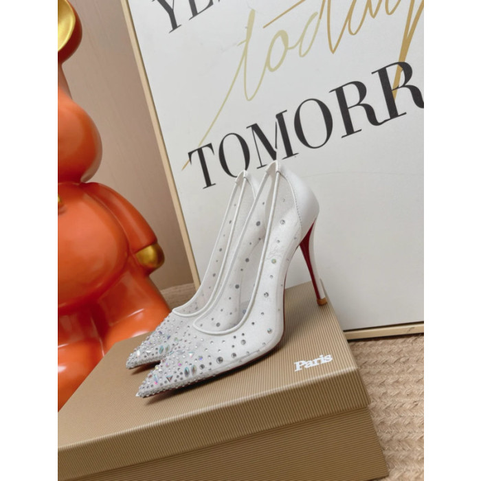 Christian Louboutin White Mesh Crystal‑Embellished 100mm Pointed‑Toe Stiletto Heel Pumps