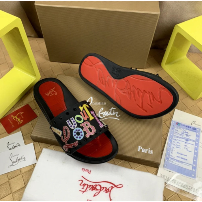 Christian Louboutin Black Colorful Graffiti‑Print Spiked Slide Sandals