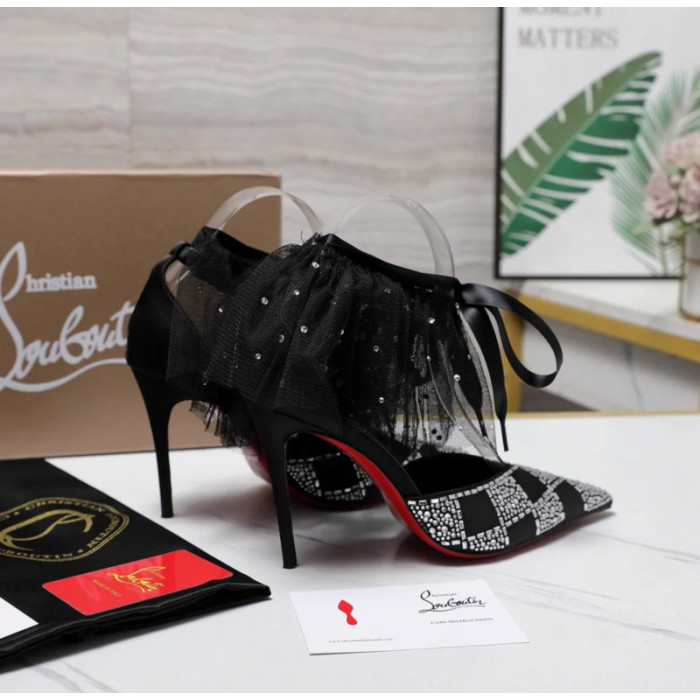 Christian Louboutin Black Satin Checkerboard Crystal Tulle Ruffle 100mm Stiletto Heel Pumps