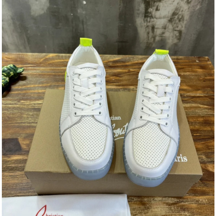 Christian Louboutin White Perforated Leather Fluorescent‑Yellow Accent Low‑Top Sneakers