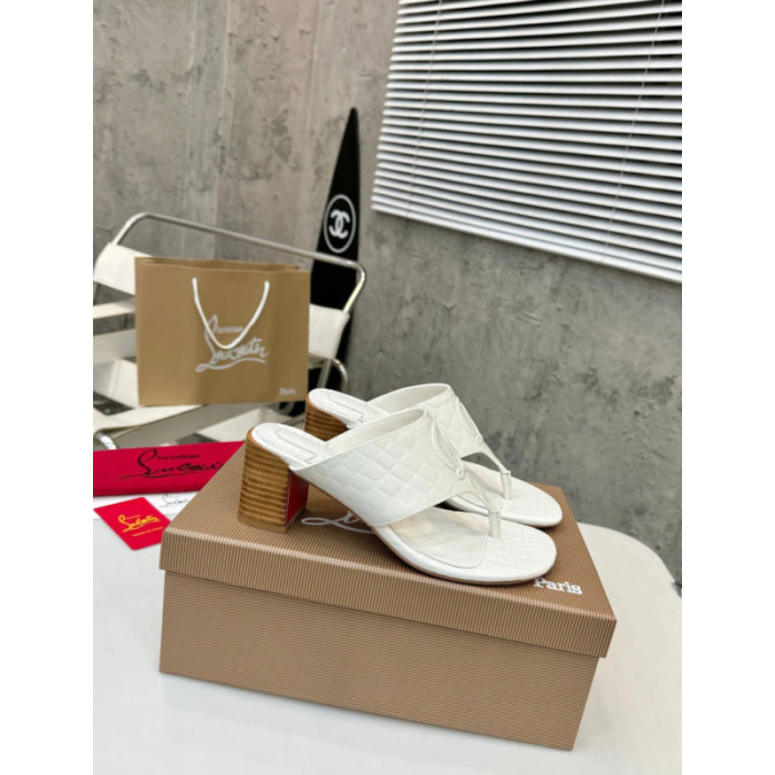 Christian Louboutin White Croc‑Embossed 70mm Block Heel Thong Mule Sandals