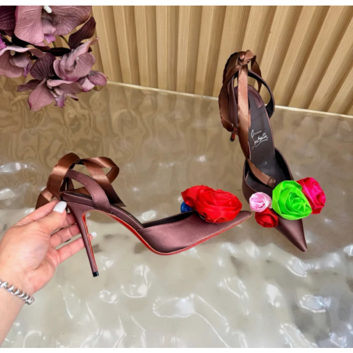 Christian Louboutin Burgundy Satin Multicolor Fabric Flower 100mm Stiletto Heel Slingback Pumps