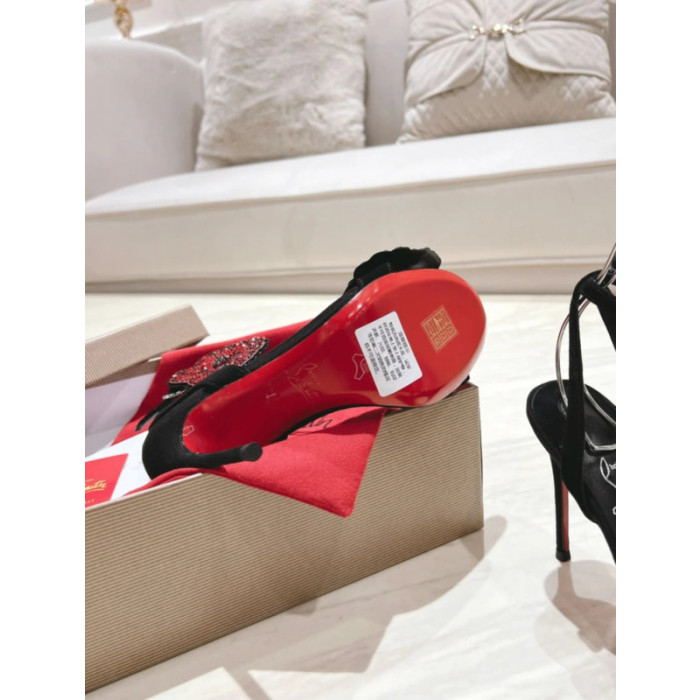 Christian Louboutin Black Satin 120mm Crystal Flower Stiletto Slingback Sandals
