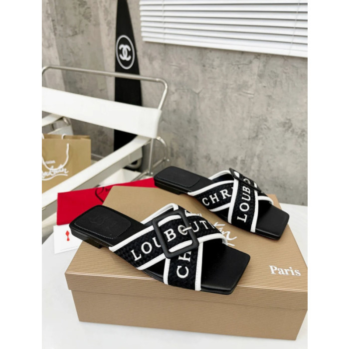 Christian Louboutin Black Woven Flat Slide Sandals