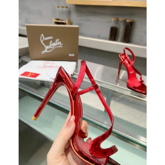 Christian Louboutin Red Patent Asymmetric Strap Slingback Sandal 100mm heel