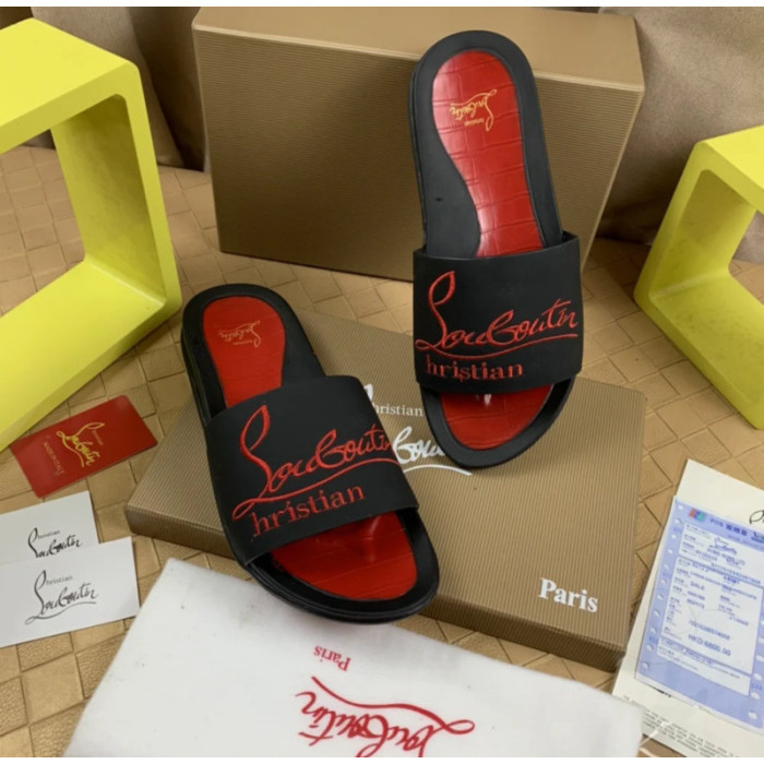 Christian Louboutin Black Slide Sandals With Red Embossed Signature Logo