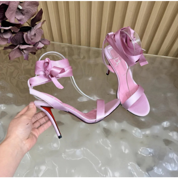Christian Louboutin Pink Satin 100mm Ankle‑Wrap Tie Stiletto Sandals