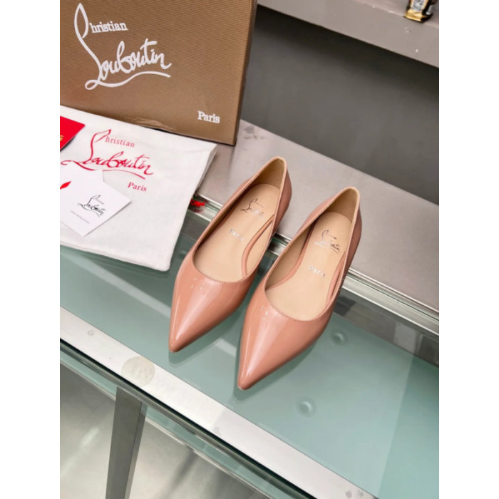 Christian Louboutin Nude Patent Leather Pointed‑Toe Low‑Wedge Heel Flats