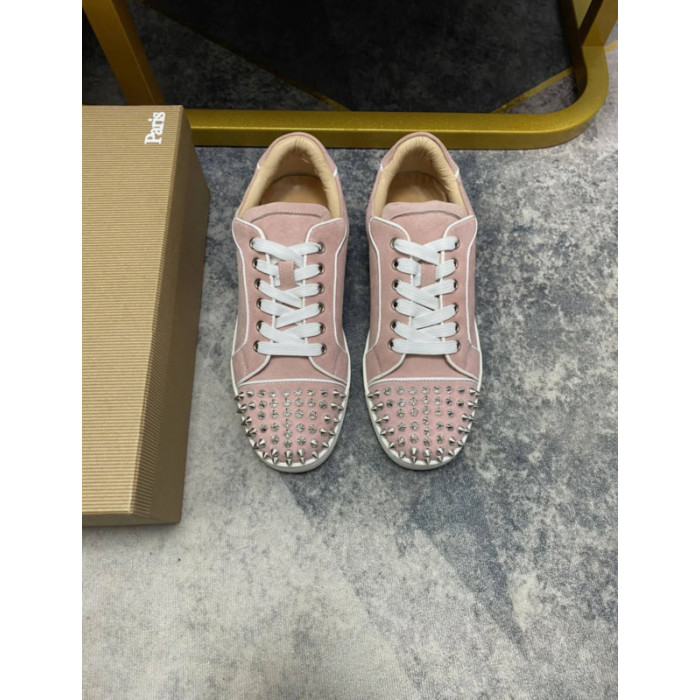 Christian Louboutin Pink Suede Silver‑Spiked Low‑Top Sneakers
