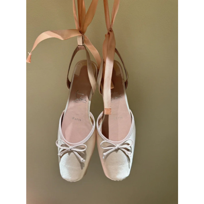 Christian Louboutin Blush Pink Satin Bow Tie‑Ankle Flat Ballet Sandals