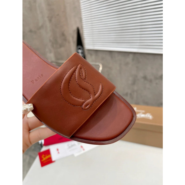 Christian Louboutin Caramel Brown Leather Stitched Logo Flat Slide Sandal