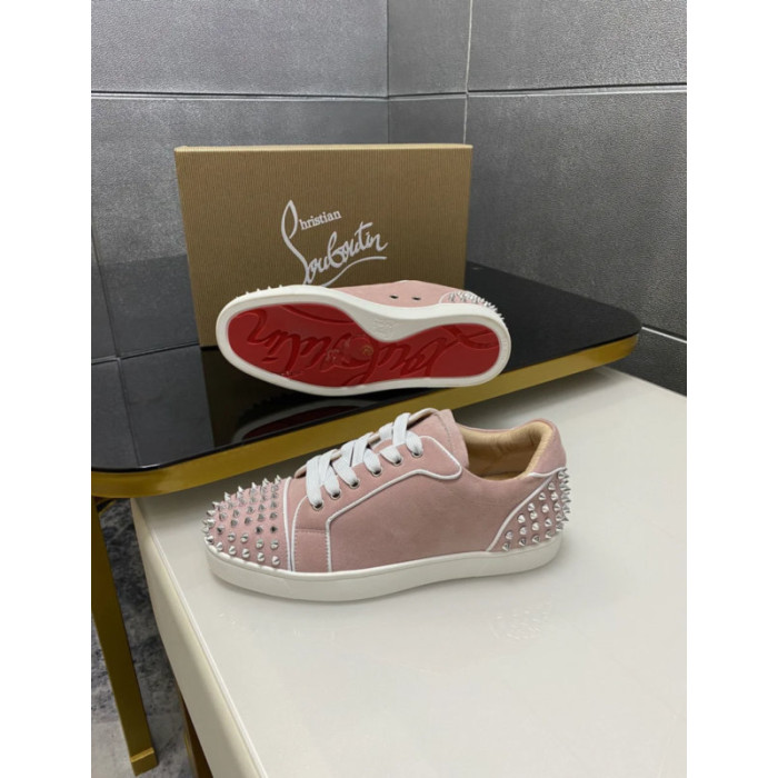 Christian Louboutin Pink Suede Silver‑Spiked Low‑Top Sneakers