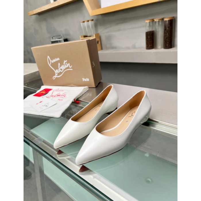 Christian Louboutin White Patent Leather Pointed‑Toe Low‑Wedge Heel Flats