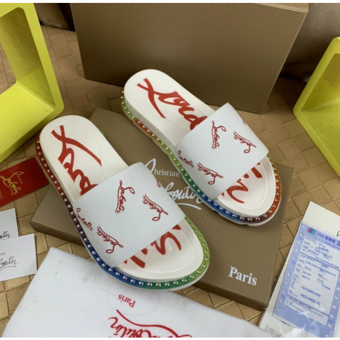 Christian Louboutin White Logo‑Print Slides Rainbow Crystal‑Trimmed Sole