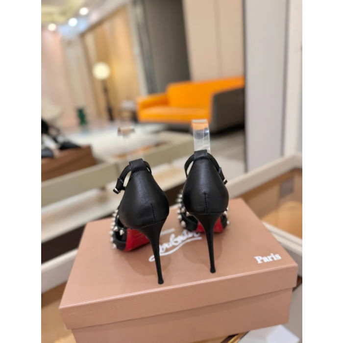 Christian Louboutin Black Leather Spiked Crisscross Strap Pointed‑Toe High‑Heel Pumps