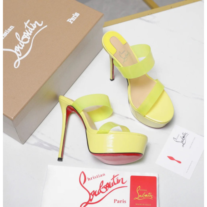 Christian Louboutin Neon Yellow Patent 150mm Clear‑Strap Platform Mule Heels