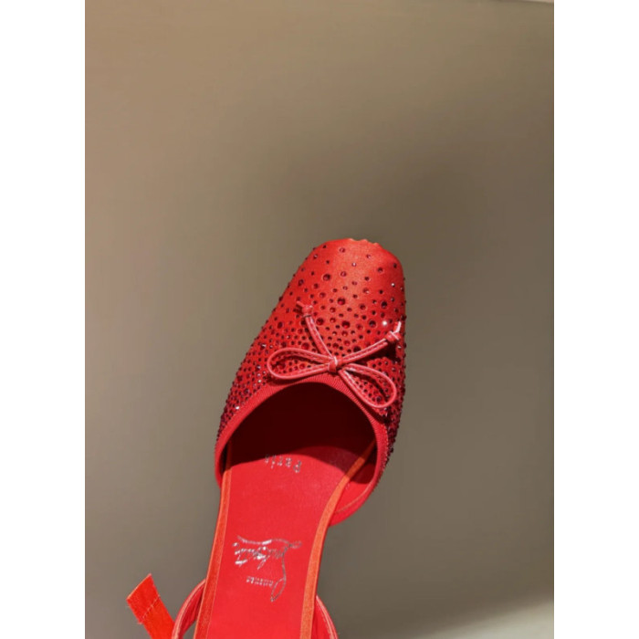 Christian Louboutin Red Satin Crystal Tie‑Ankle Ballet Flats