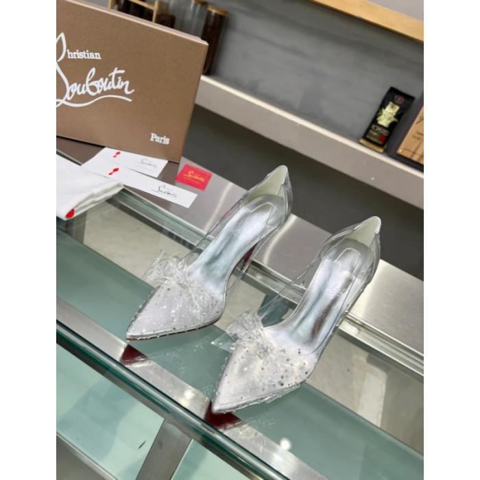 Christian Louboutin Silver Transparent PVC Bow Crystal Pointed‑Toe 100mm heel Pumps