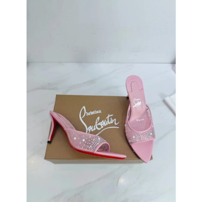 Christian Louboutin Pink Mesh Crystal 70mm Pointed‑Toe Mule High‑Heel Sandals