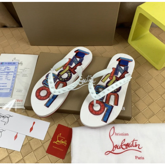 Christian Louboutin White Multi‑Color Graphic Print Studded Flip‑Flop Sandals