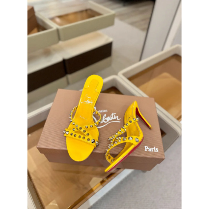 Christian Louboutin Yellow Patent Leather 100mm heel Silver‑Spiked Mule High‑Heel Sandals