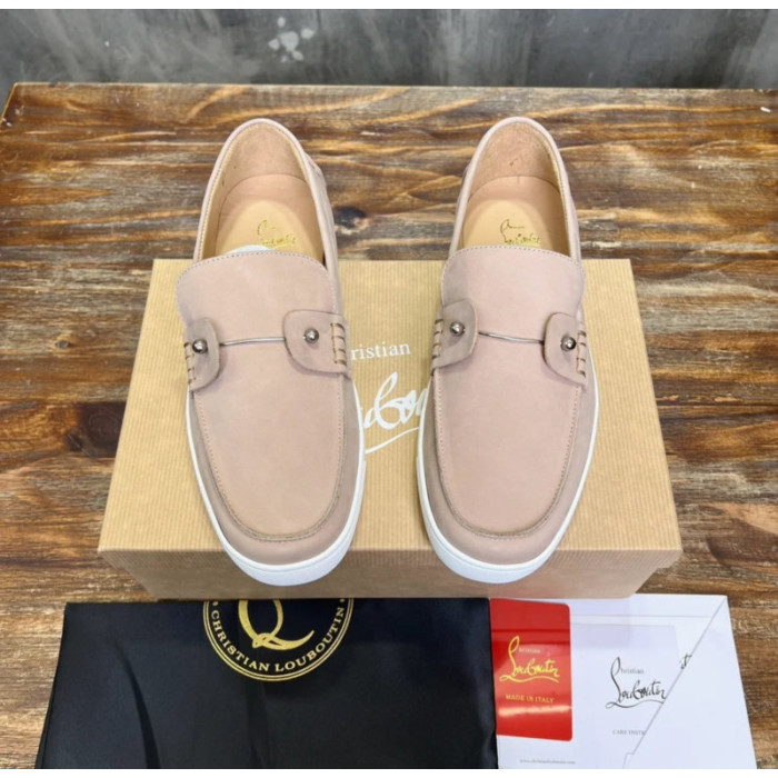 Christian Louboutin Nude Nubuck Metal‑Stud Slip‑On Loafers