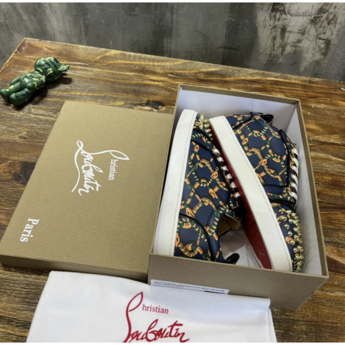Christian Louboutin Navy Rope‑Print Gold‑Spiked Low‑Top Sneakers