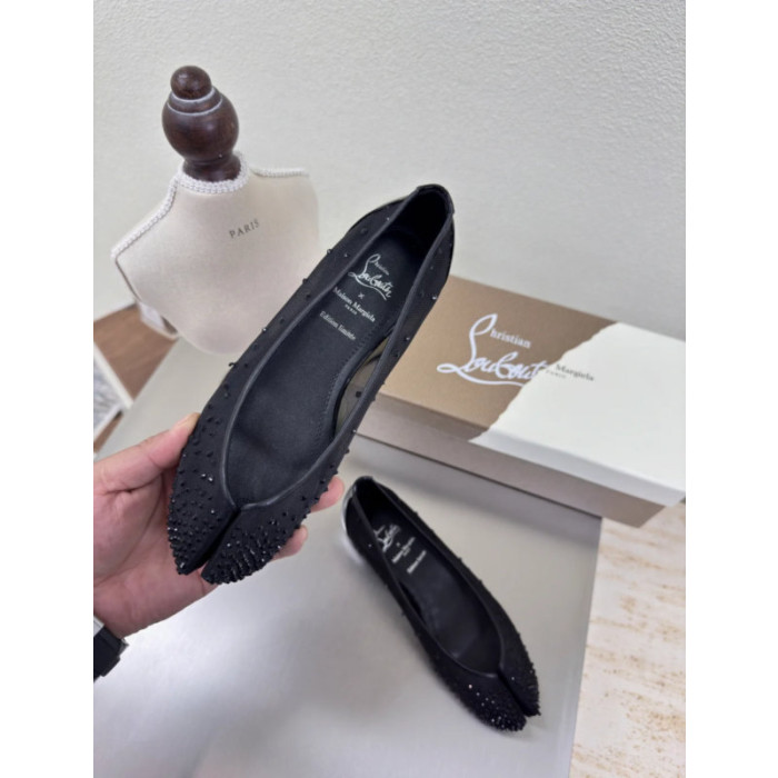 Christian Louboutin × Maison Margiela Black Mesh Crystal Tabi Split‑Toe Flat Shoes