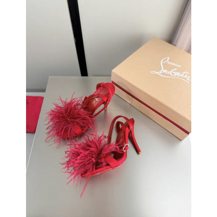 Christian Louboutin Red Satin Feather 100mm Slingback Stiletto Sandals