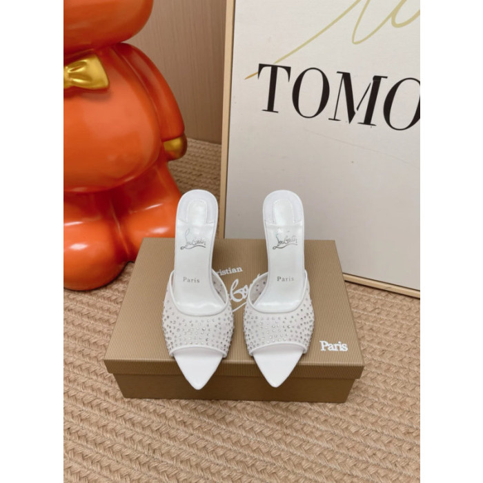 Christian Louboutin White Tulle Rhinestone‑Covered 100mm Stiletto Heel Backless Mules