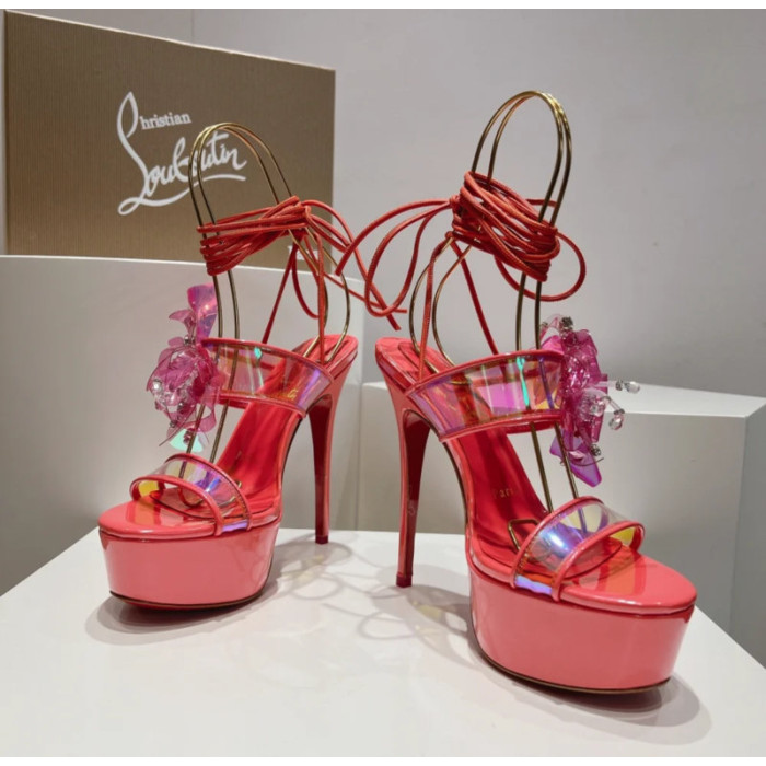Christian Louboutin Red Patent Iridescent Crystal‑Flower 150mm Platform Ankle‑Tie Sandals