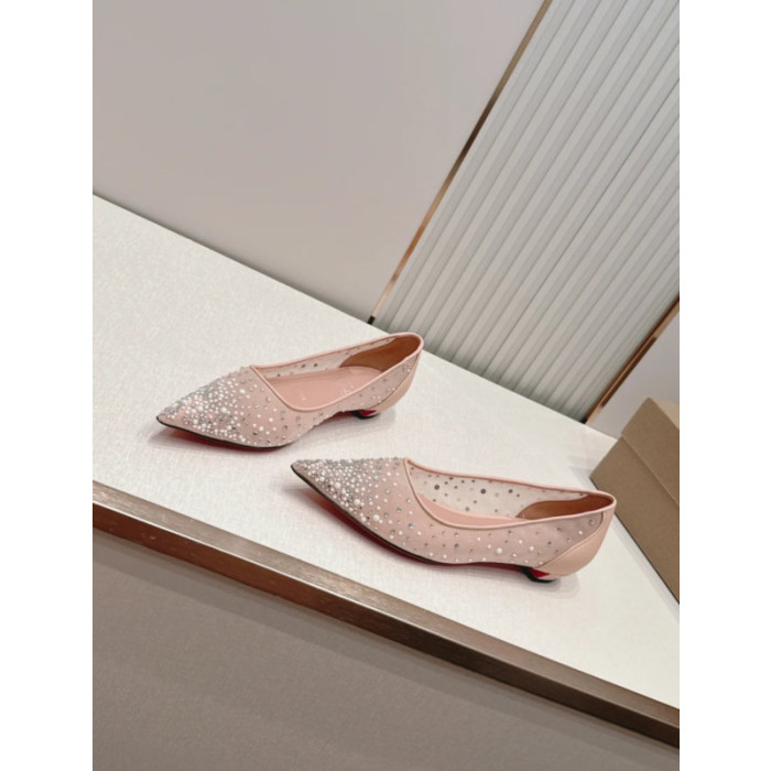 Christian Louboutin Pink Mesh Crystal Pearl Embellished Pointed‑Toe Flat Shoes