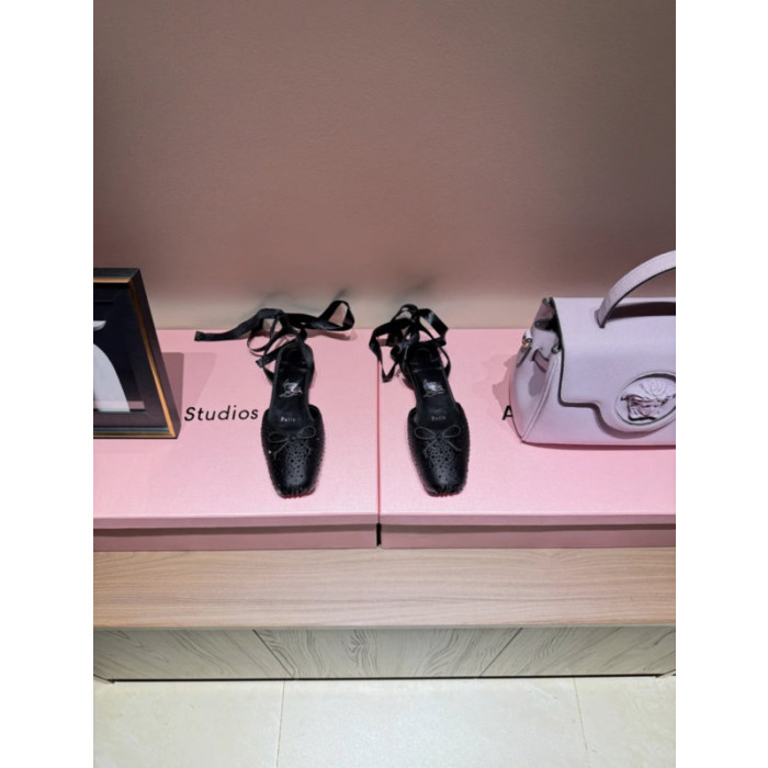 Christian Louboutin Black Crystal Embellished Satin Bow Tie‑Ankle Ballet Flats